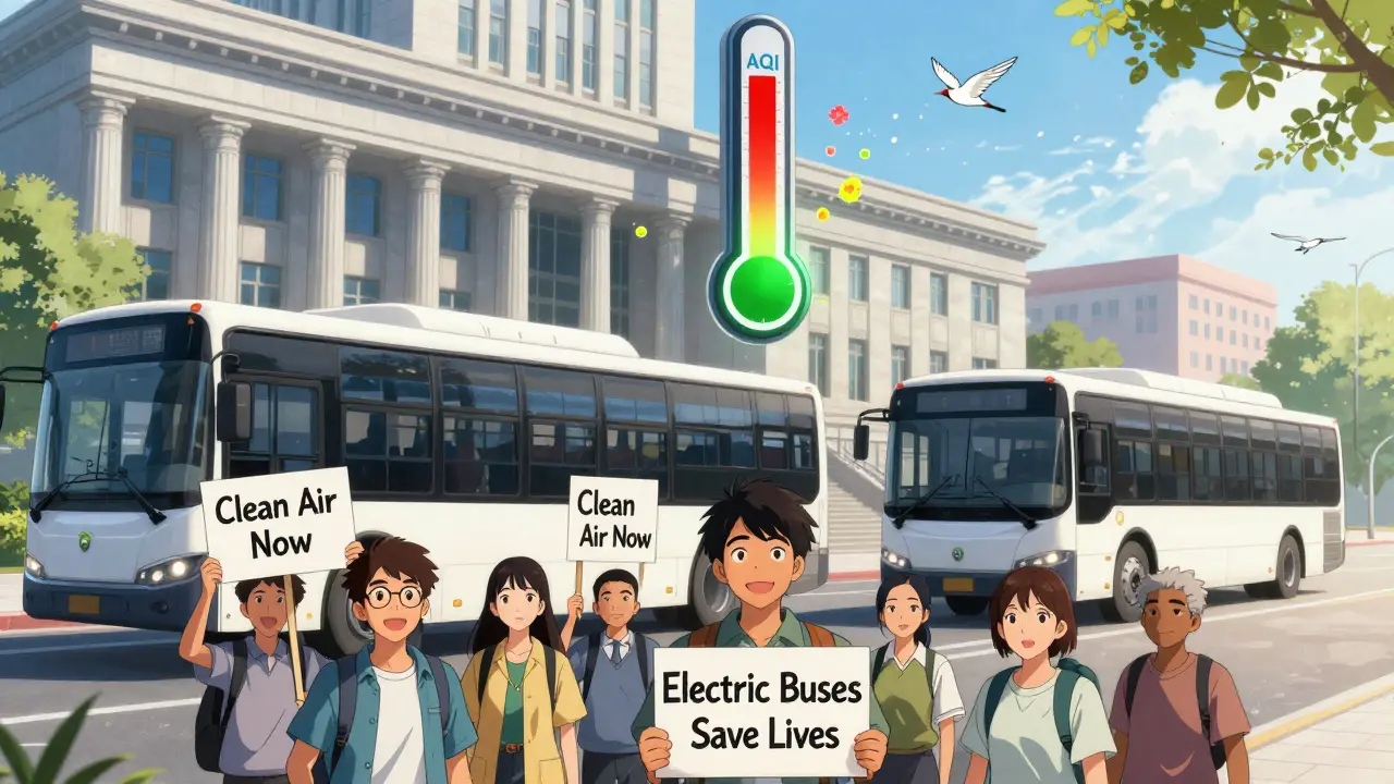 Community members protest for clean air as electric buses pass, AQI meter turning green with flowers and birds.