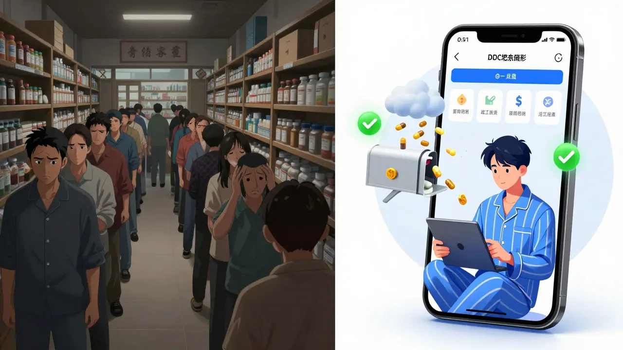 Contrasting scene: crowded traditional pharmacy vs. a sleek digital pharmacy app with floating savings icons and pills dropping into a mailbox.