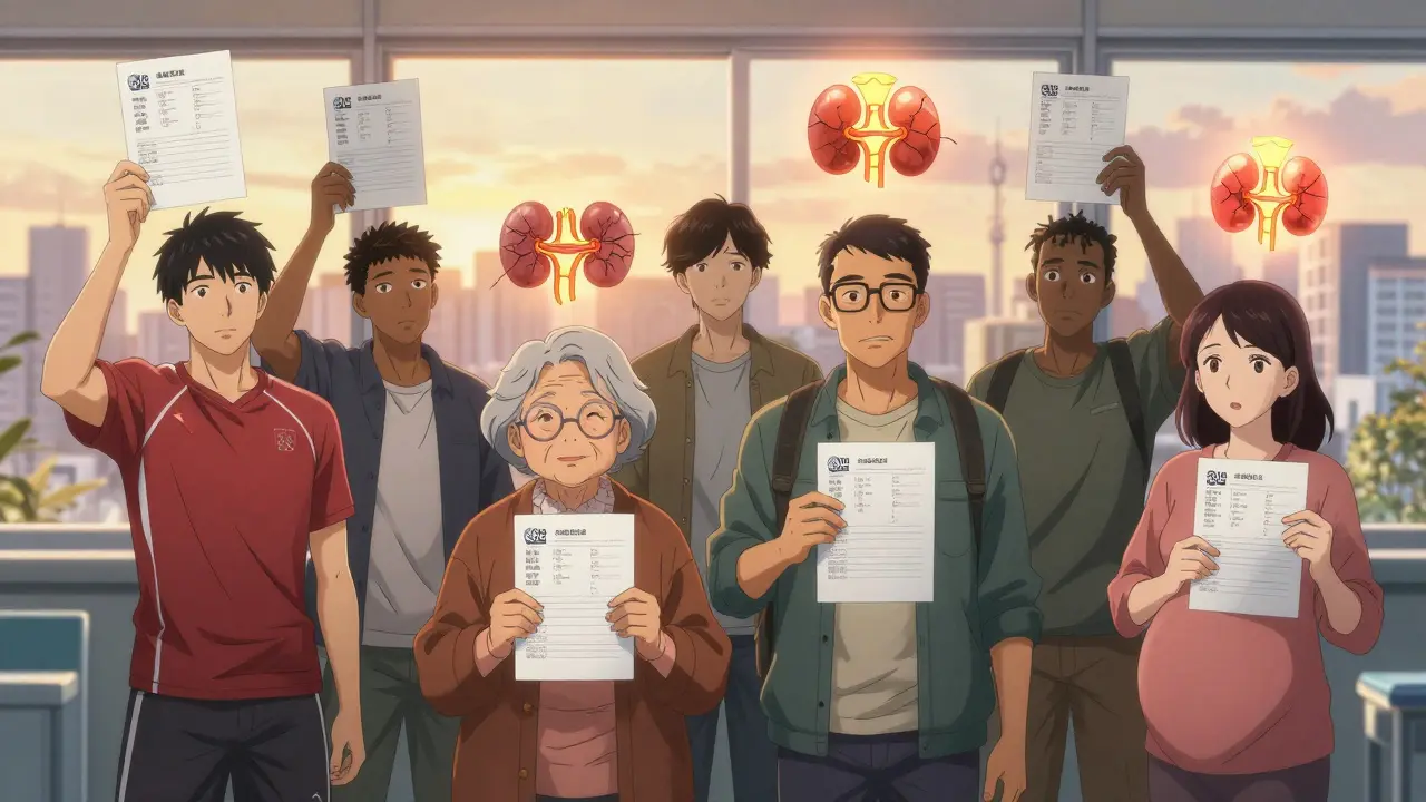 Diverse individuals holding medical reports with glowing kidney icons representing their health status.