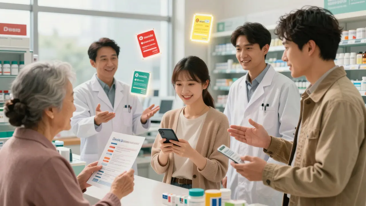 Diverse patients and pharmacists in a pharmacy, reviewing color-coded medication decision aids together.