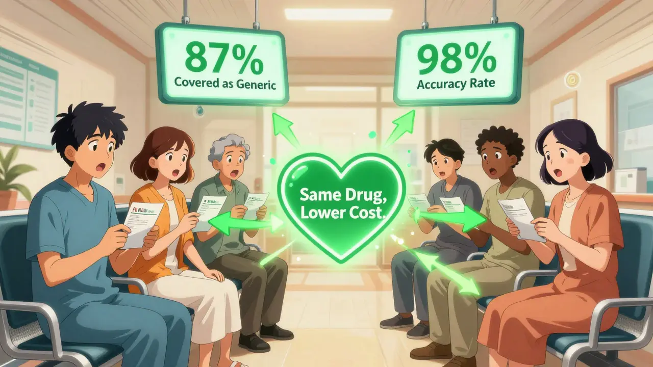 Diverse patients in clinic with glowing arrows from pills forming a heart, showing cost savings and coverage stats.