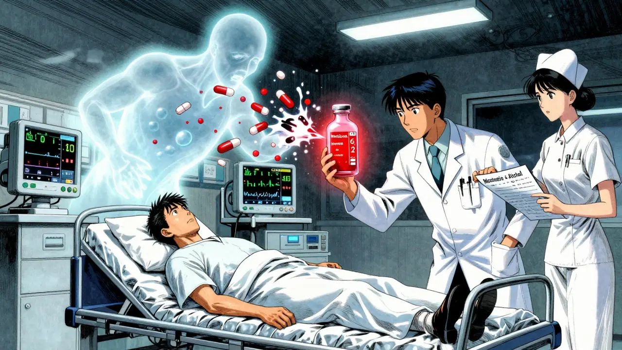 Emergency room scene with patient on gurney, doctor holding blood vial labeled high lactate, medical staff in urgency.