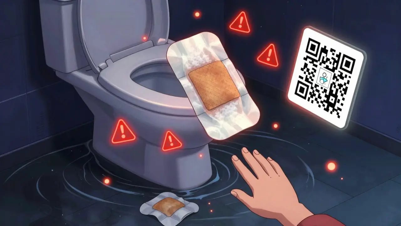 Folded patch flushing down toilet while child reaches for unfolded one