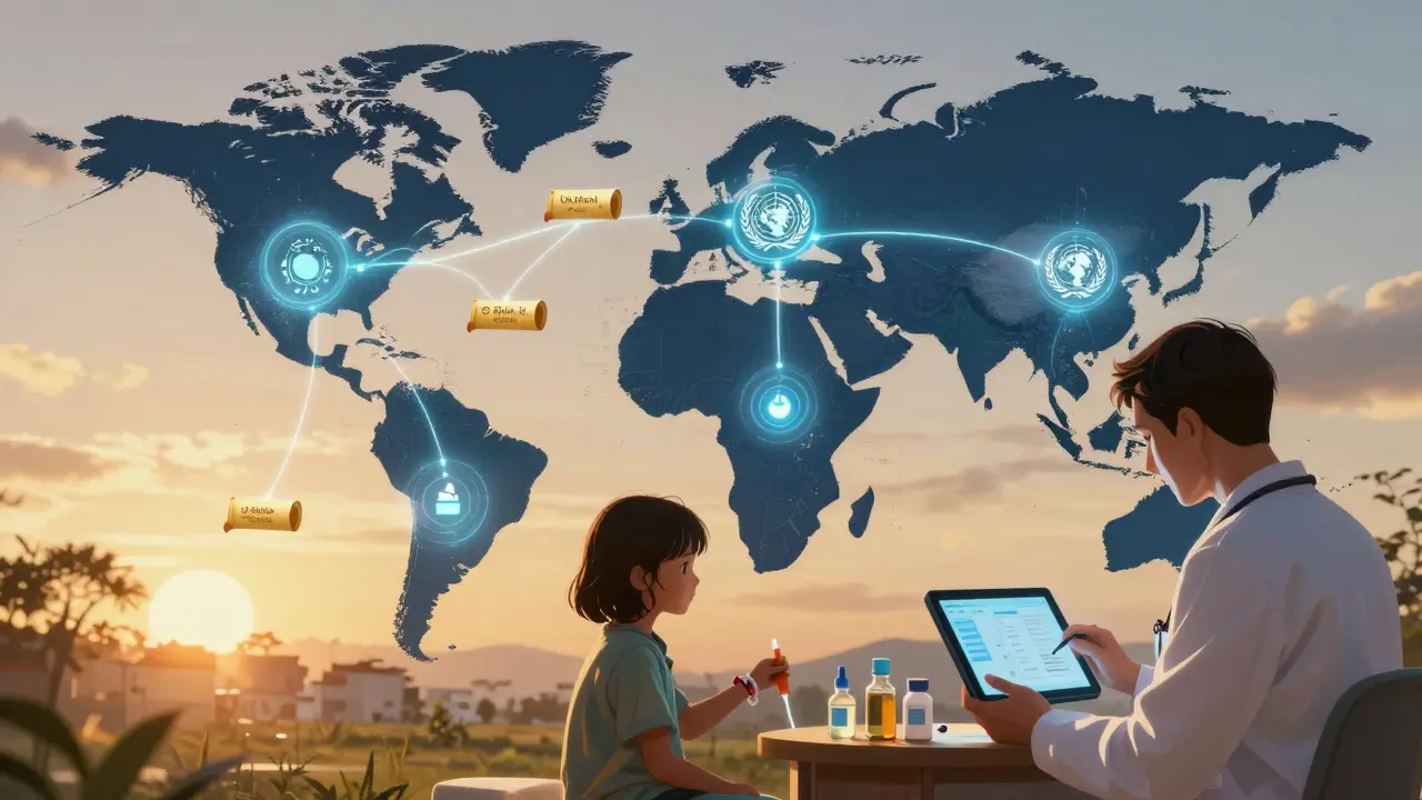 Global map showing medicine flow from U.S. to Kenya and Vietnam with WHO safety pillars glowing above clinics.