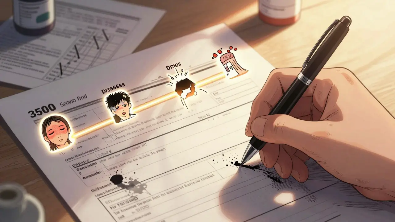 Hand filling out MedWatch form with a glowing timeline of symptoms rising beside it.