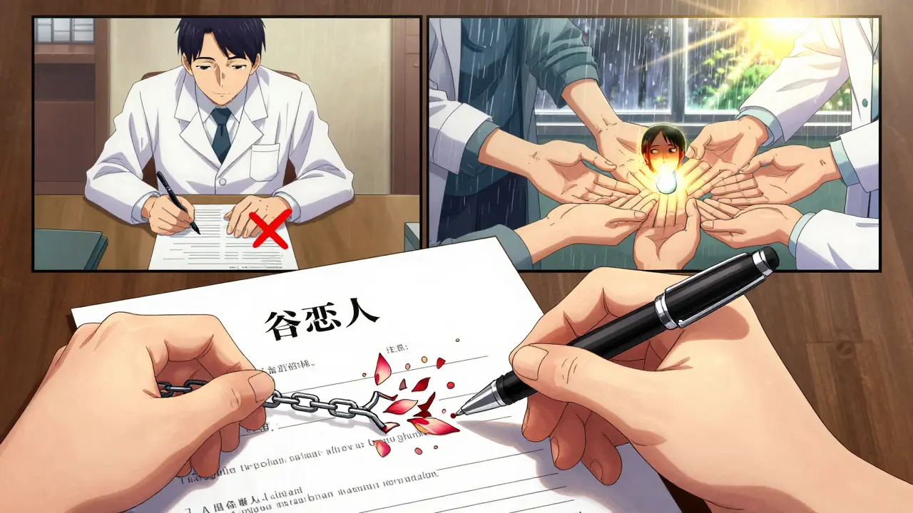 Hand signing consent form as chains break into petals, symbolizing patient autonomy in medication choice.