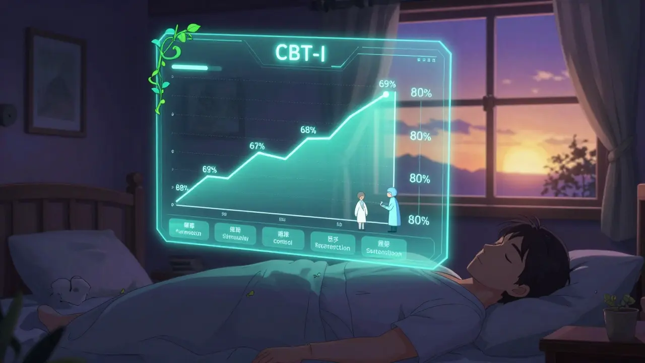 Holographic sleep progress graphs rising above a sleeping person, guided by digital CBT-I therapy elements.