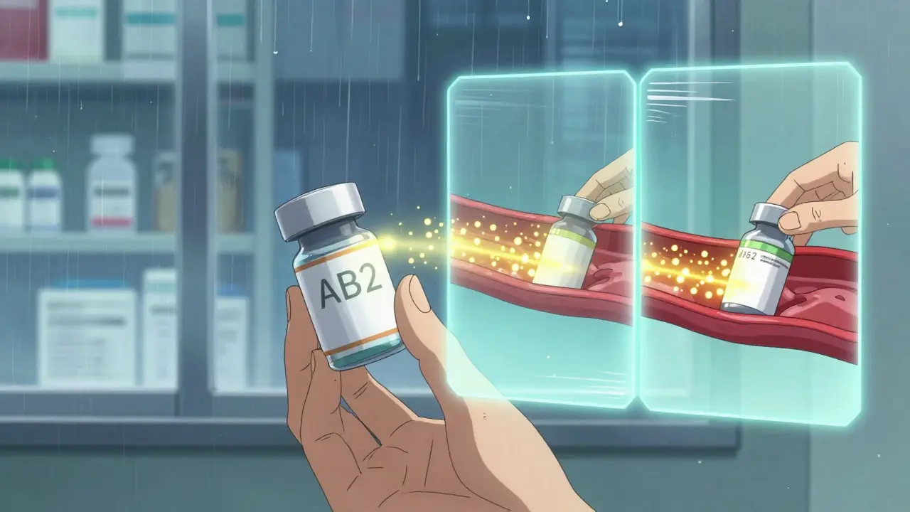 Patient's hand receiving a prescription with a glowing AB2 code and bioequivalence particles.