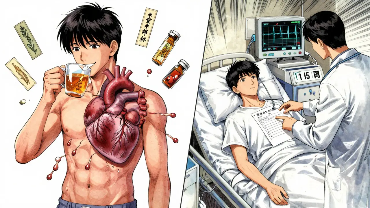 Patient drinking licorice tea with draining potassium and erratic heart monitor in hospital.