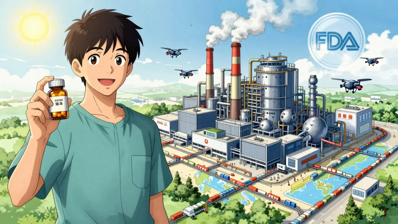 Patient holding generic pill bottle while factory and global supply chain glow in background.