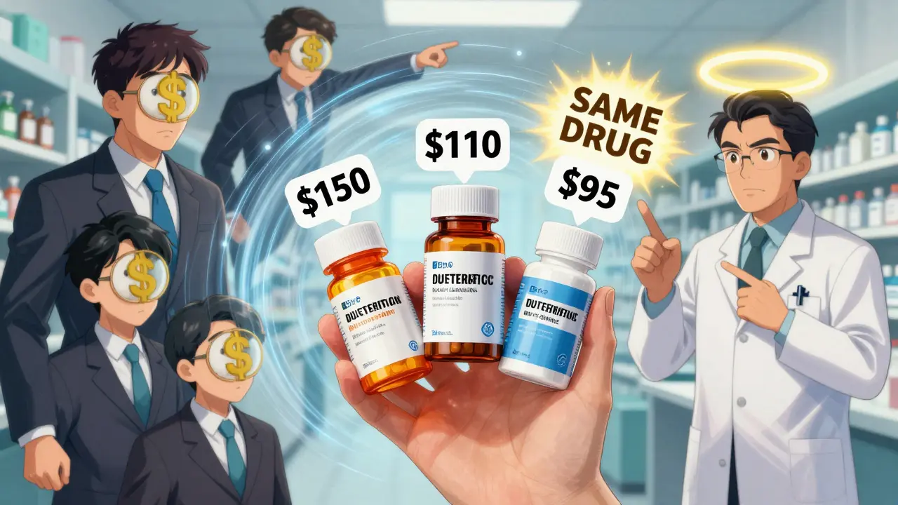 Patient holding three pill bottles with price tags, pharmacist pointing to authorized generic as safe choice.