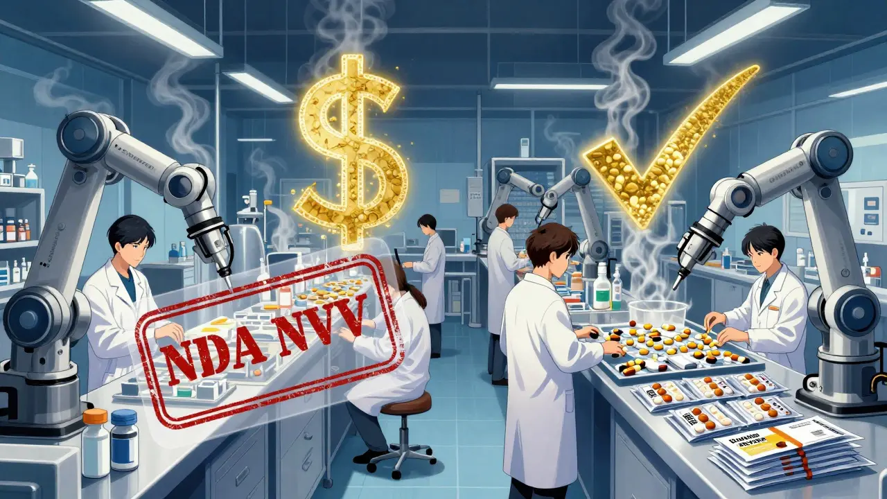 Pharmaceutical factory producing identical pills under brand and generic labels with NDA approval overlay.