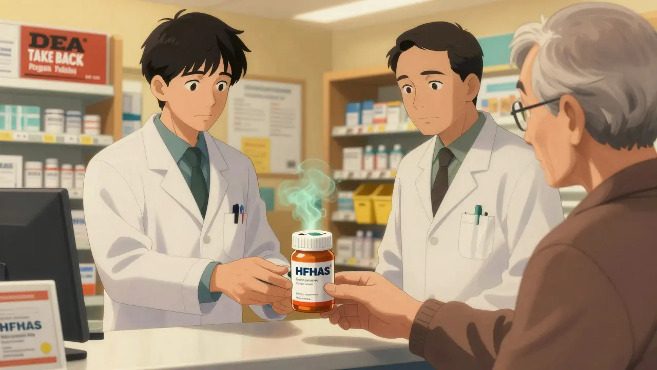 Pharmacist accepting expired inhalers at pharmacy drop-off