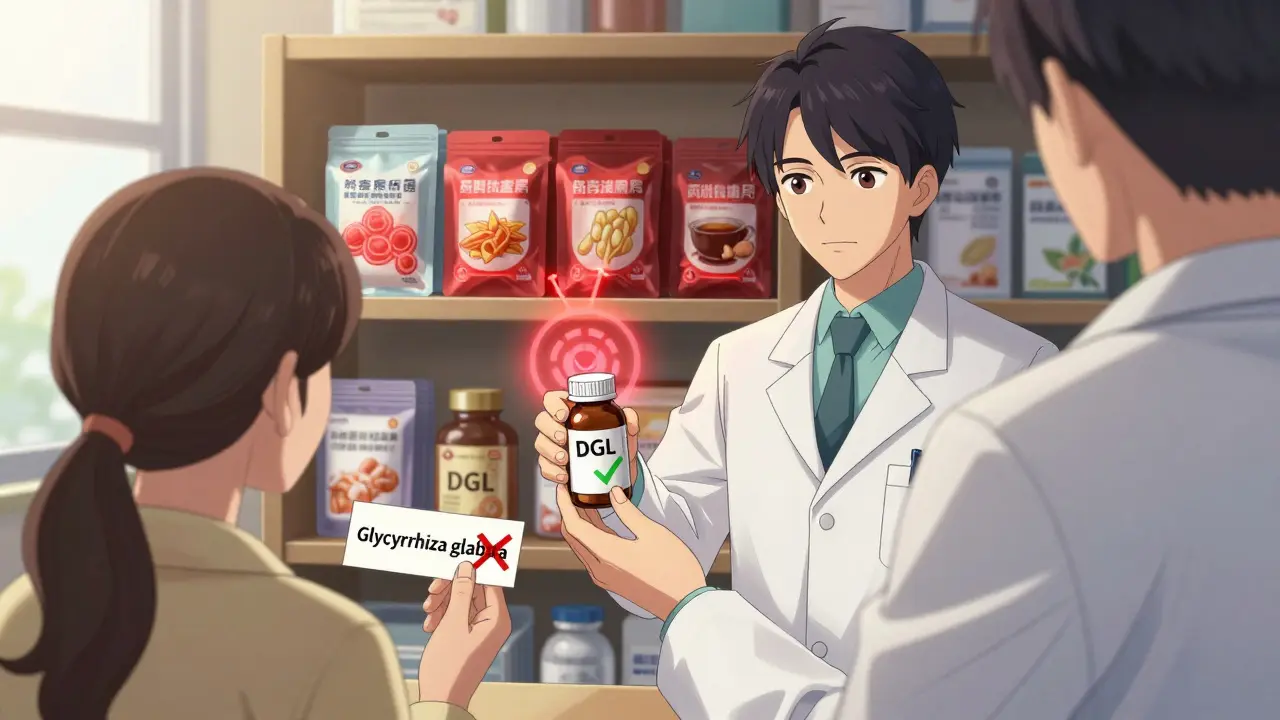 Pharmacist giving safe DGL supplement while dangerous licorice products glow red in background.