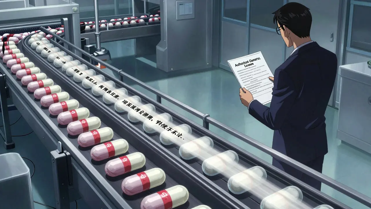 Same production line in a factory, two pill batches labeled differently, corporate figure watching above.