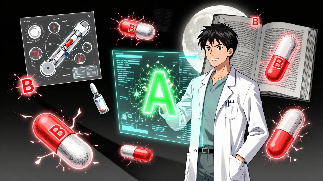 Scientist surrounded by holograms of complex drugs with B codes, one A code shining brightly.