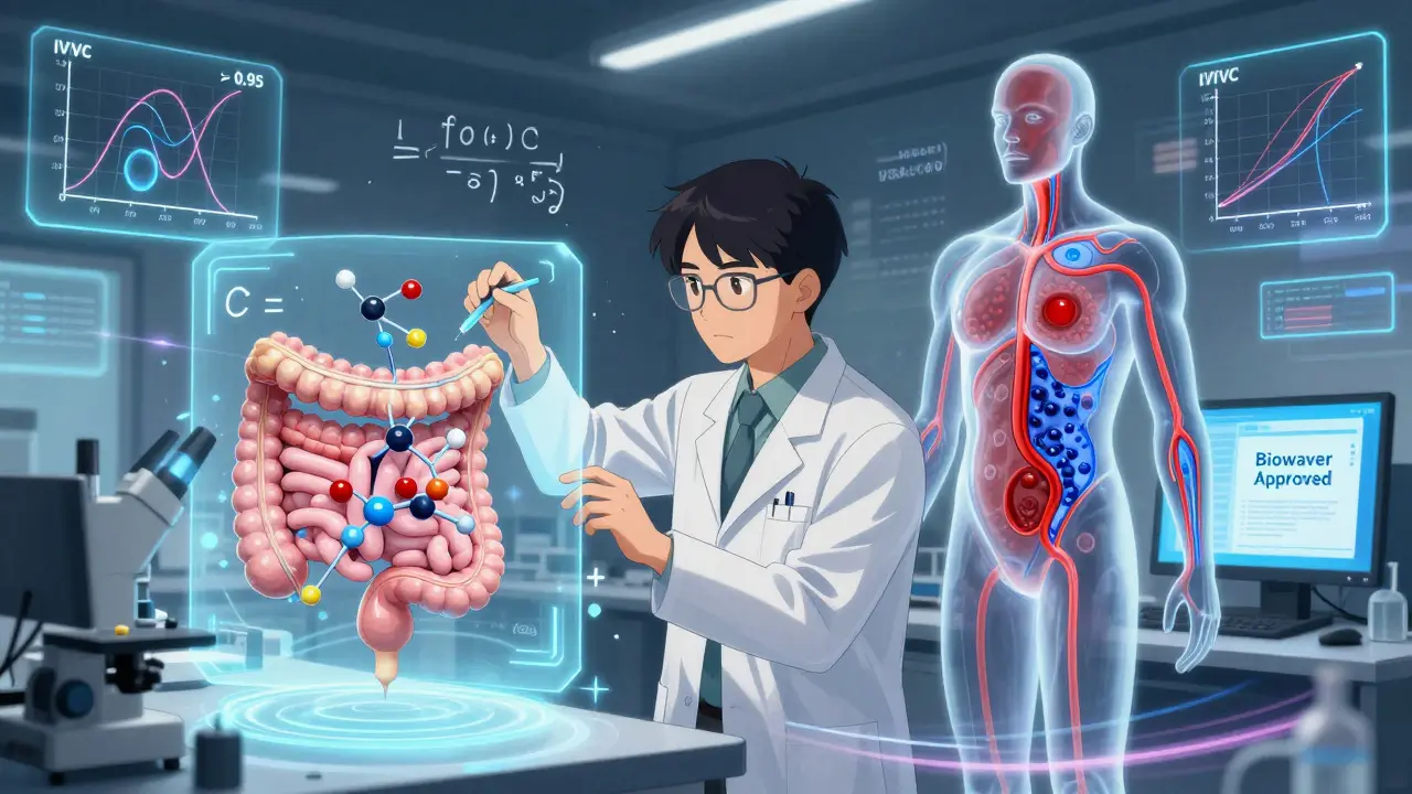 Scientist viewing a holographic model linking lab dissolution to human body absorption.