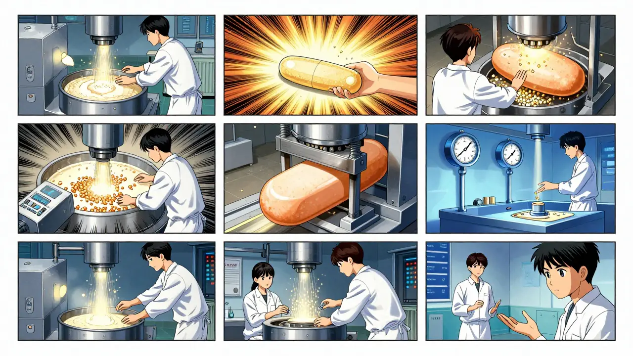 Seven-step tablet manufacturing process shown as a vertical comic panel sequence.