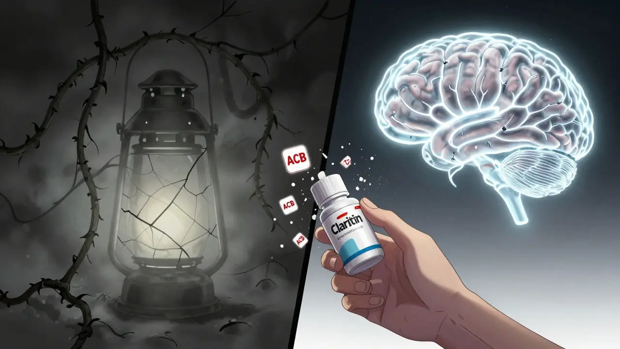 Split brain image: foggy dark brain vs. clear bright brain, anticholinergic vines replaced by safe meds.