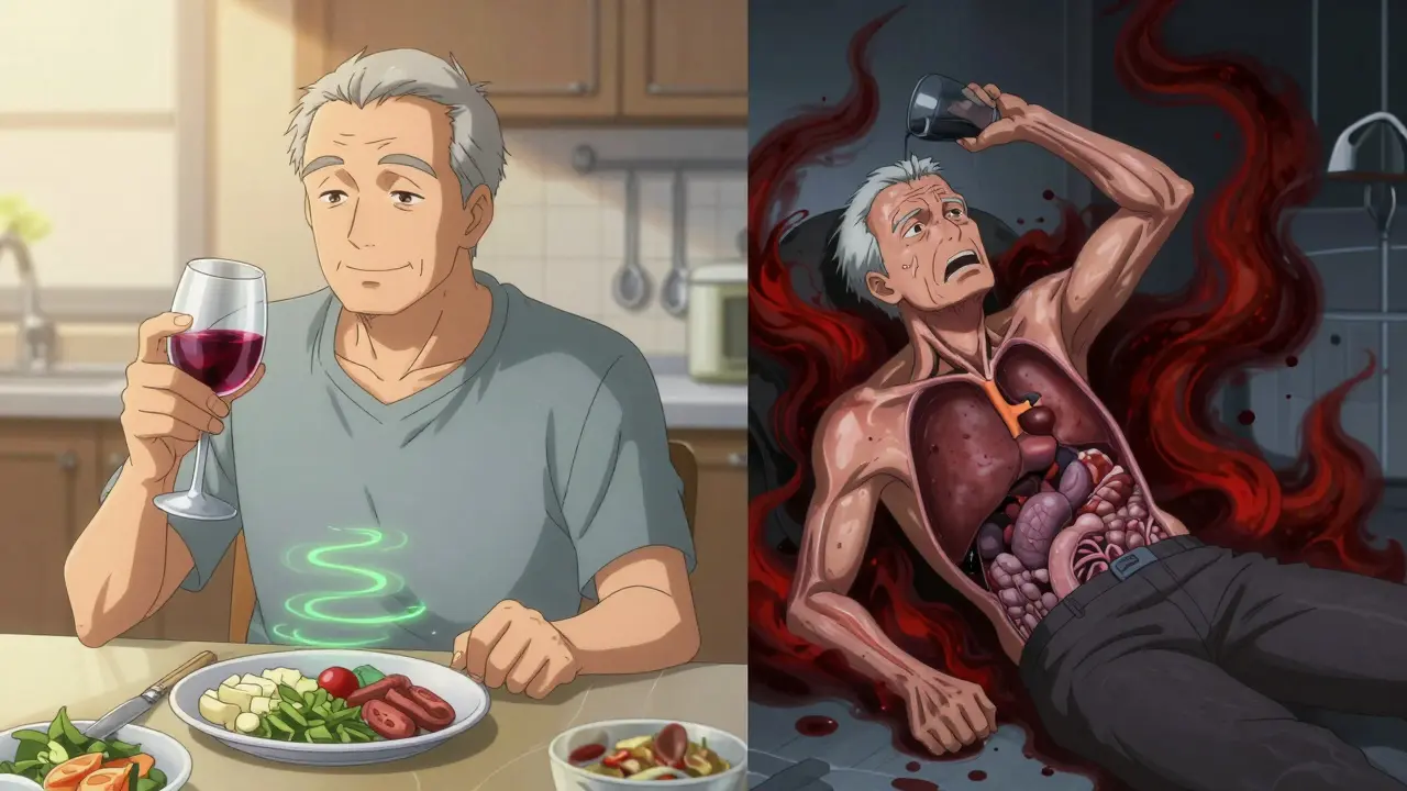 Split image: calm man drinking wine vs same man collapsed with dark acid clouds, showing contrast of safe vs dangerous alcohol use.
