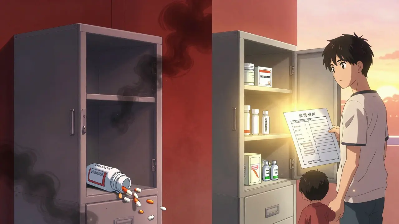 Split image: locked medicine cabinet vs. open cabinet with naloxone and family united.