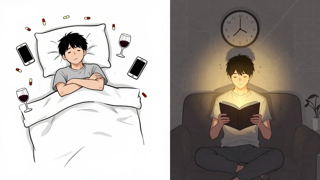 Split scene: chaotic bedroom with pills and phones vs. calm person reading in dim light, symbolizing sleep recovery.