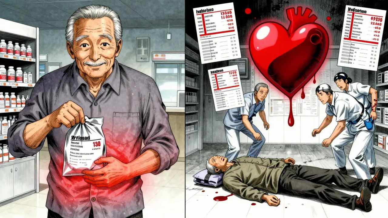 Split scene: elderly person taking ibuprofen versus collapsing with bleeding warning symbol above, medical charts floating in background.