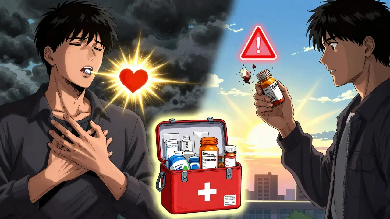 Split scene: one person taking aspirin for heart pain, another discarding expired ibuprofen.