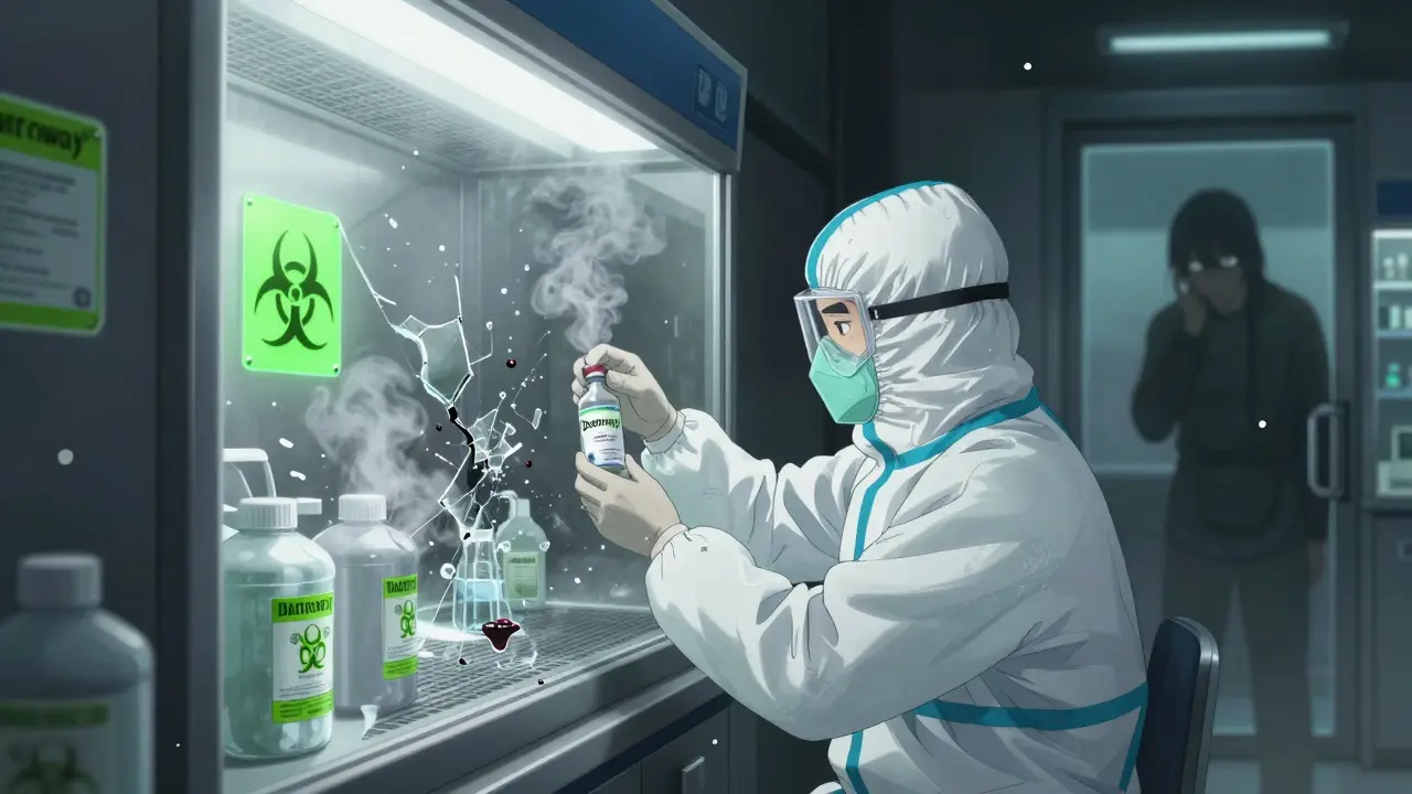 Technician handling hazardous cancer drug in sealed cabinet with spill kit and glowing biohazard symbols.