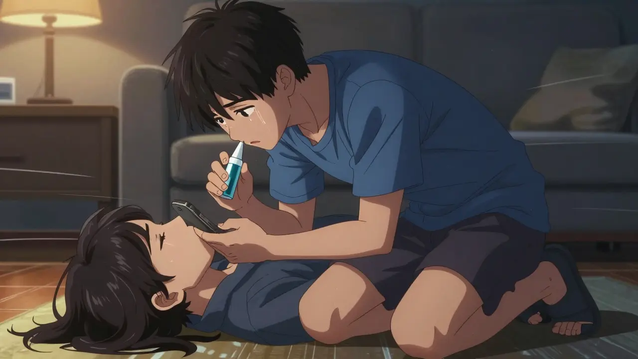 Teen administering naloxone to an unresponsive adult while calling 911.