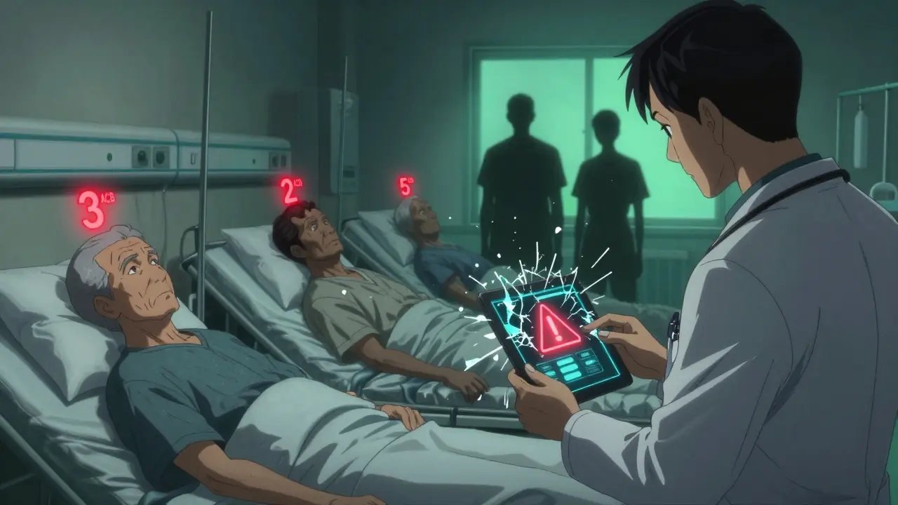 Three elderly patients in ER with glowing ACB scores, doctor seeing warning alert, safe alternatives in background.