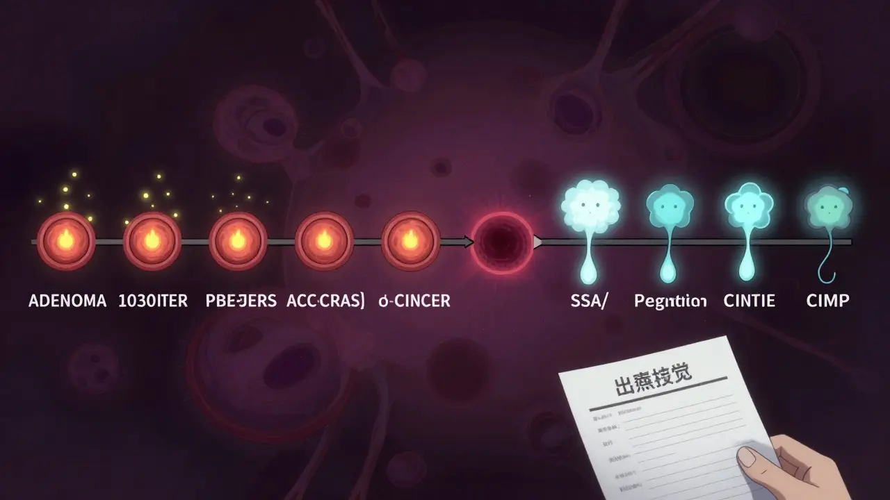 Timeline comparing adenoma and serrated pathways to cancer, with molecular symbols and patient silhouette.