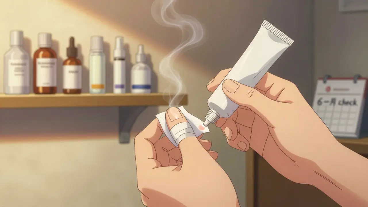 Two hands applying antibiotic ointment to a bandaged finger, fresh meds glowing on a shelf.