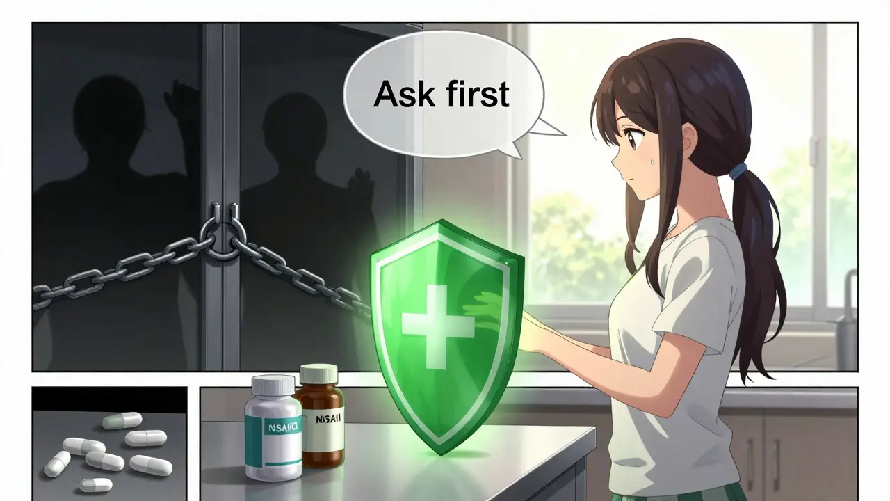 Woman choosing acetaminophen safely while NSAIDs and Warfarin are locked away, glowing safety shield around her.