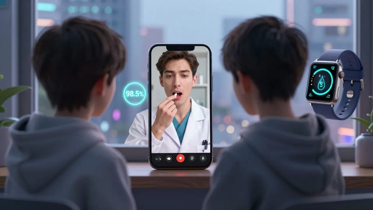 A patient taking medication during a live video call with a clinician on a smartphone.