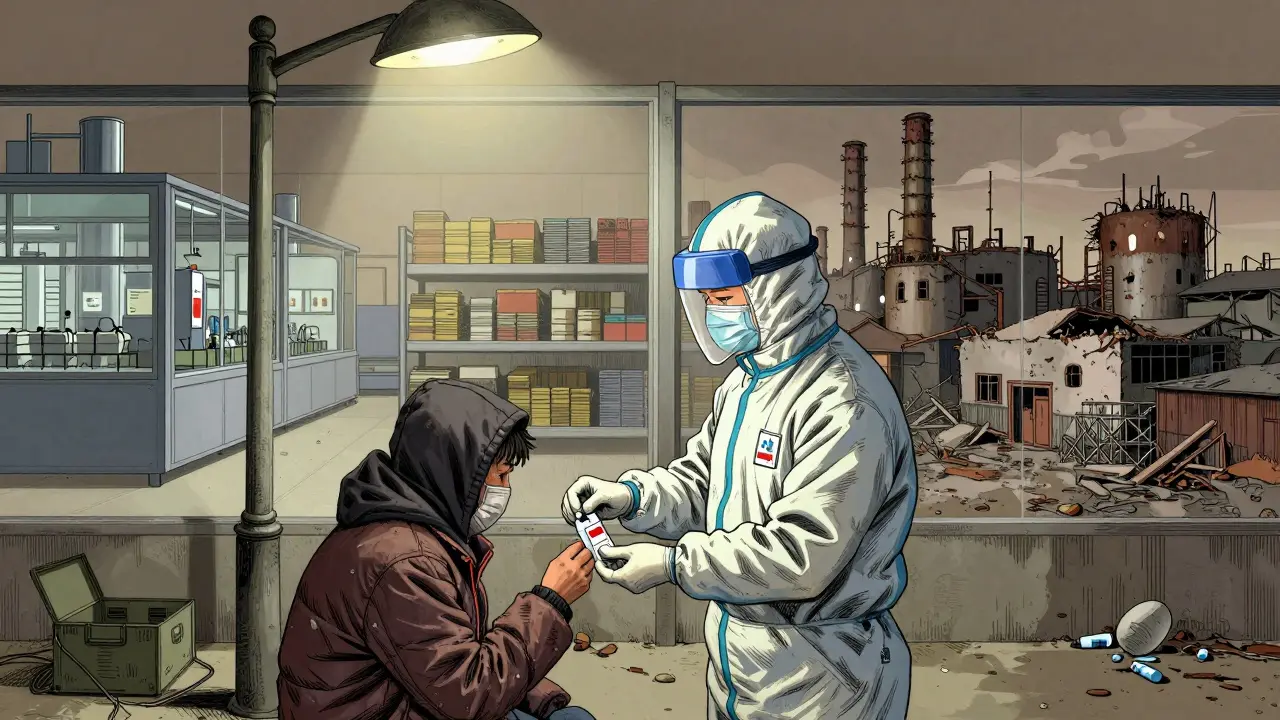 A public health worker delivers a naloxone kit under a streetlamp while factories vanish in the background.