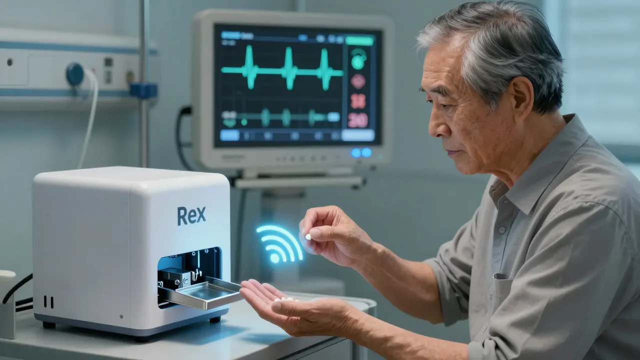 An elderly man receiving a pill from a mechanical ReX dispenser with a soft blue glow.