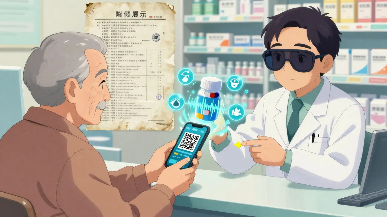 An elderly patient learning to scan a QR code at a pharmacy, with digital safety info appearing on their phone.