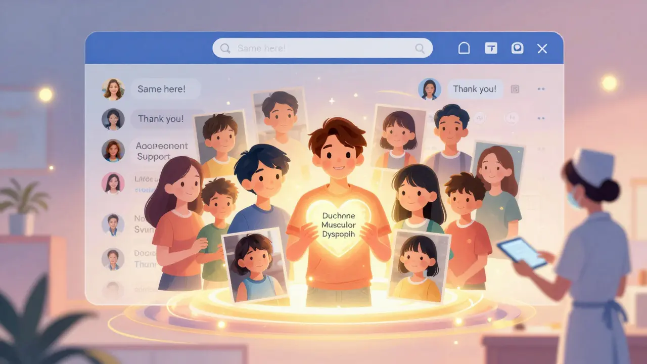 Digital Facebook group with glowing avatars of parents supporting children with rare diseases.