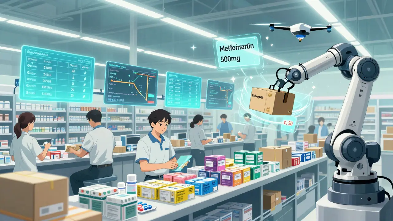 Digital pharmacy warehouse sorts generic pills into daily dose packs with robotic assistance.