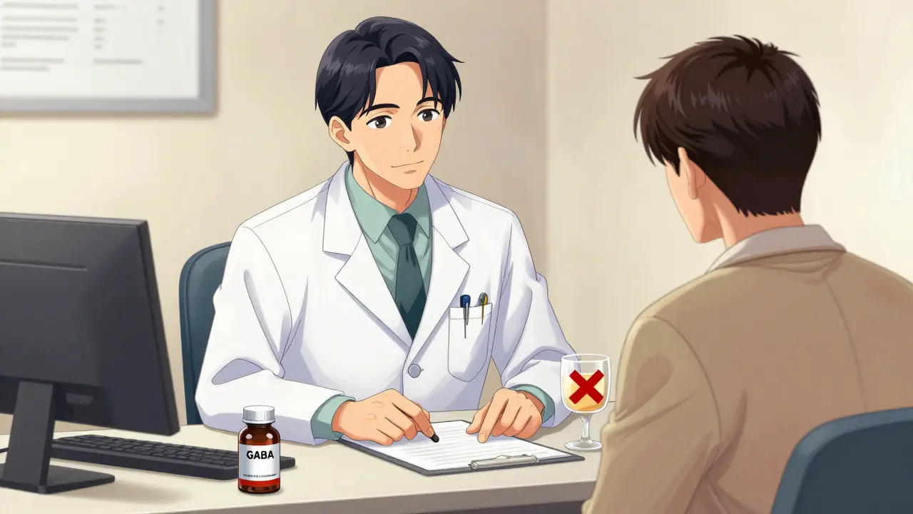 Doctor advising patient on GABA safety and avoiding alcohol with sedatives.