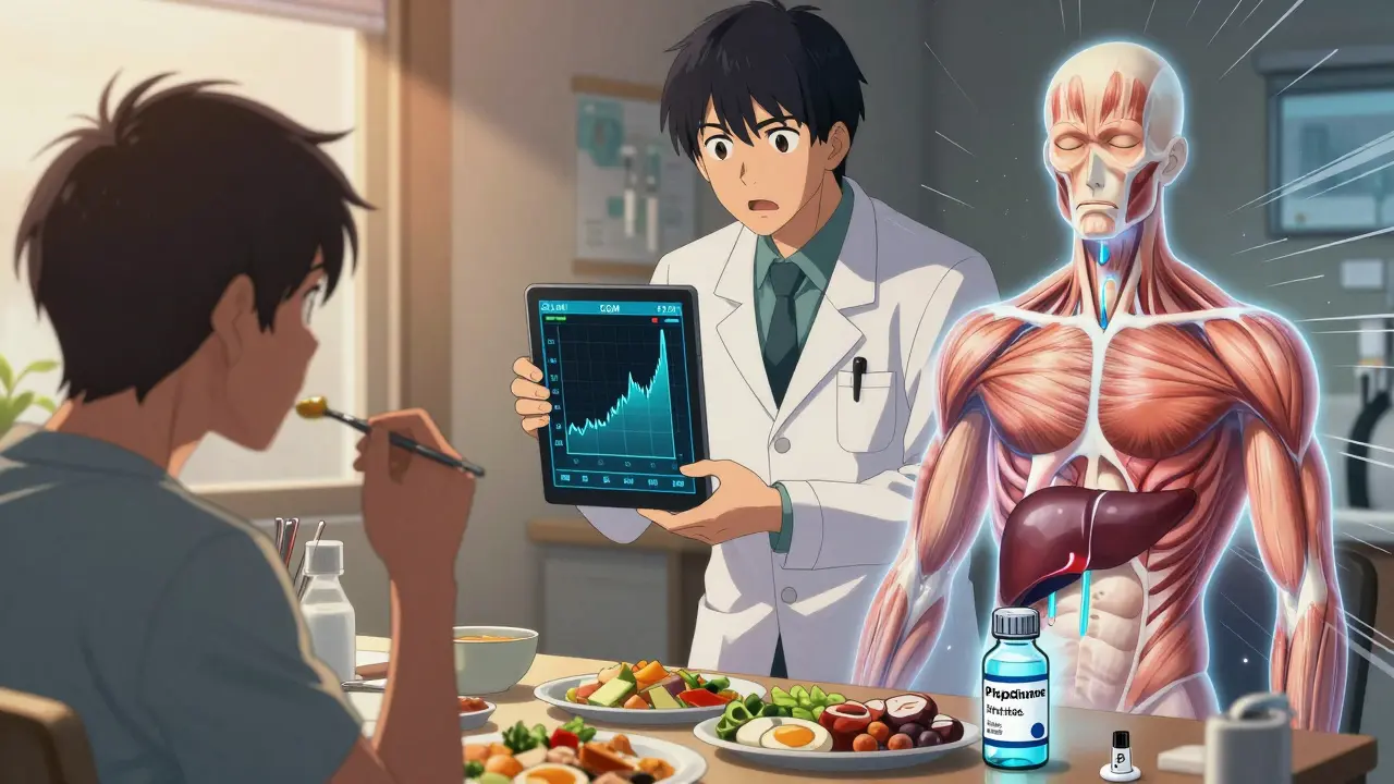 Doctor viewing CGM graph showing steroid-induced blood sugar spike, with visualized liver and muscle resistance.