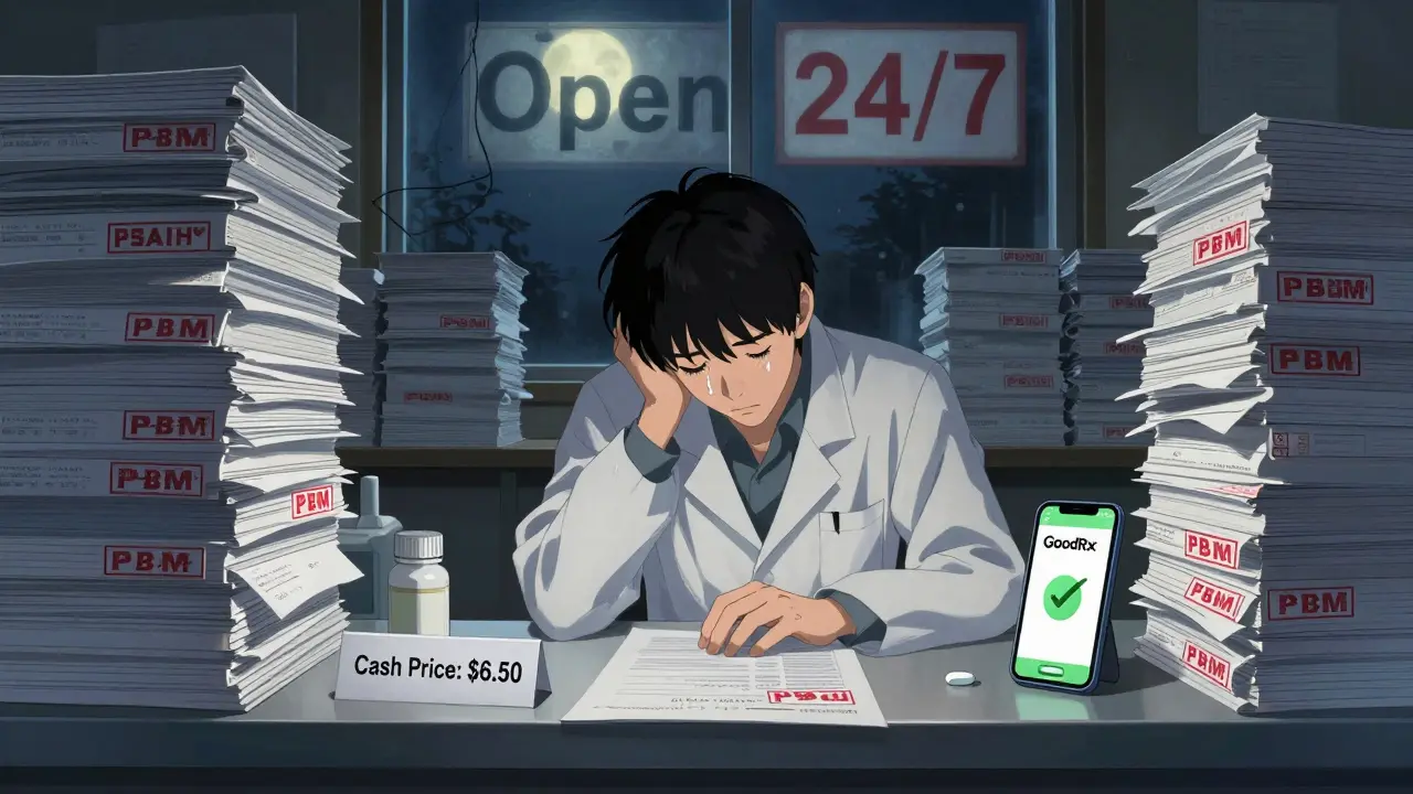 Exhausted pharmacist surrounded by PBM contracts, cash price tablet glowing under moonlight.