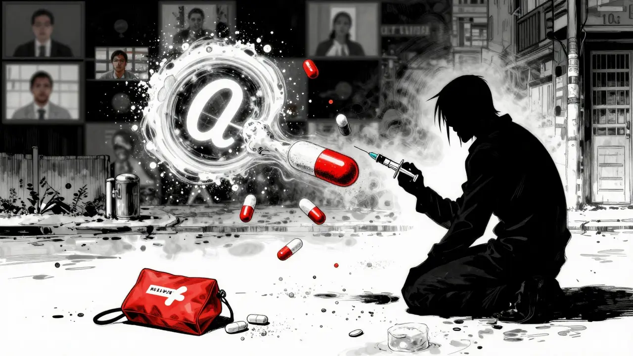 Fentanyl symbols float above street drugs as naloxone kits go unused in a blurred urban landscape.