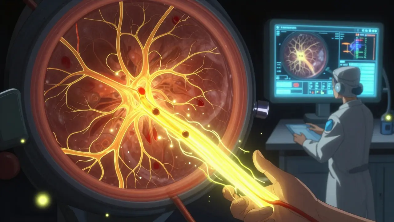 Fluorescein dye glowing through retinal blood vessels during angiography, with leaking vessels illuminated in golden light.