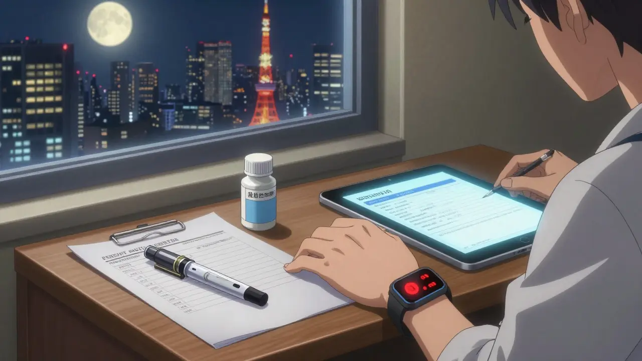 Nightstand with medication, vibrating smartwatch alert, and doctor’s note under moonlight.