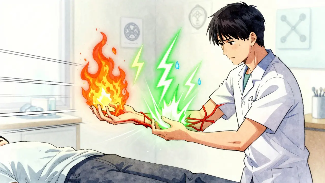 Physical therapist guiding patient through therapy as calming energy counters chaotic pain signals.