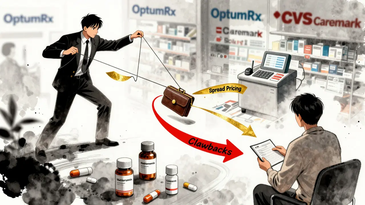 Puppeteer-like PBM controlling insurer, pharmacy, and patient finances with hidden profit strings.