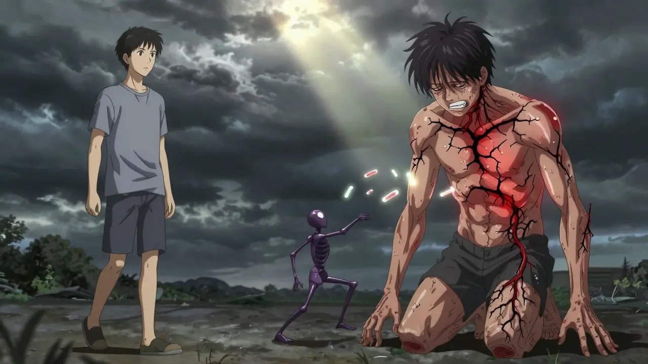 Split image showing healthy limb versus CRPS-affected limb with spreading pain and immune system attack.