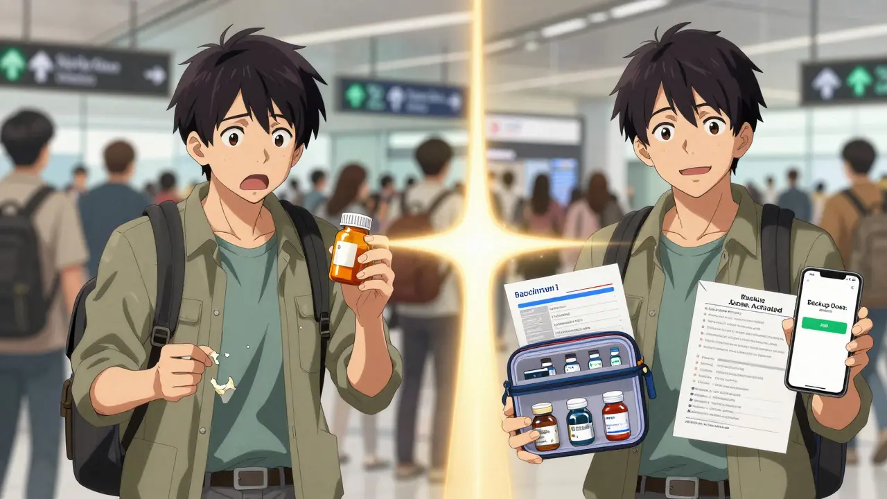 Split scene: panicked traveler vs. prepared traveler with organized med kit and app notification.